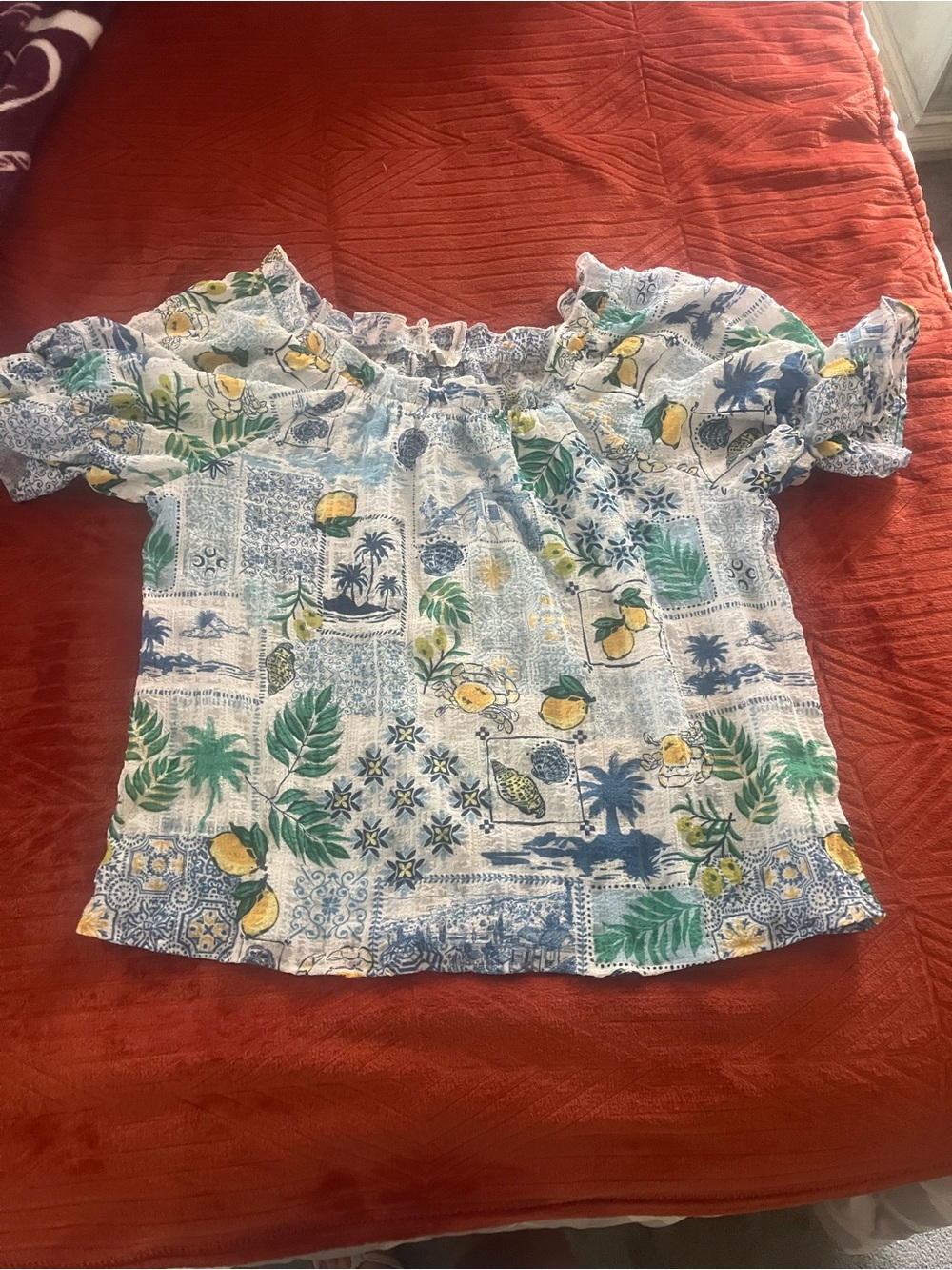 Chenault Blue, White & Yellow Tropical Off-Shoulder Top for Girls